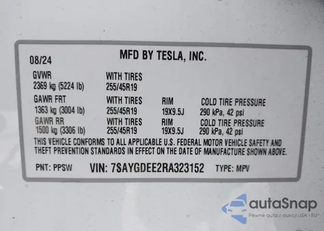 2024 Tesla Model Y Long Range Dual Motor All-Wheel Drive z USA, uszkodzony, nr VIN 7SAYGDEE2RA323152